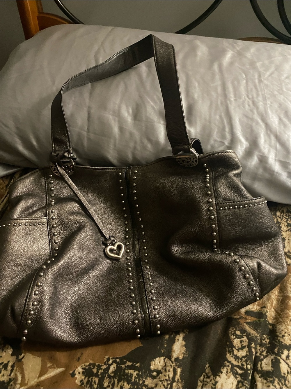 Brighton Metallic Black Studded Shoulder Bag with Heart Charm